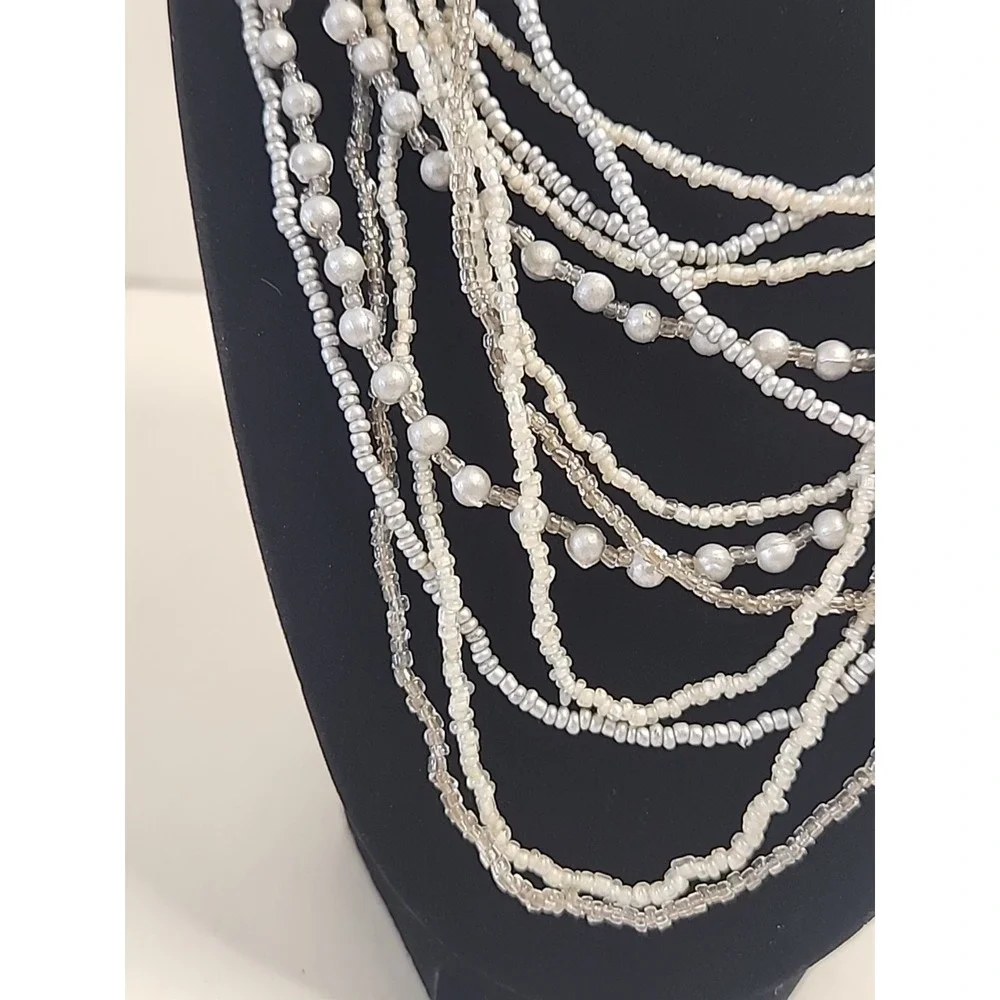 Mutli-Strand Layered Bib Necklace Silver Tones‎ W/ Glass Seed Beads 30